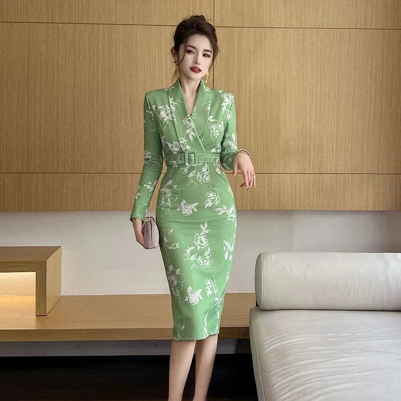 ZYHT 20914 Spring Lapel Collar Belted Straight Knee-Length Dress White Floral Printed Green Formal Dresses