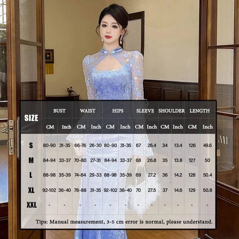 ZYHT 20961 Sexy Cut Out Lace Velvet Patchwork Fit and Flare Maxi Dress Mock Neck Long Cheongsam Qipao Dress