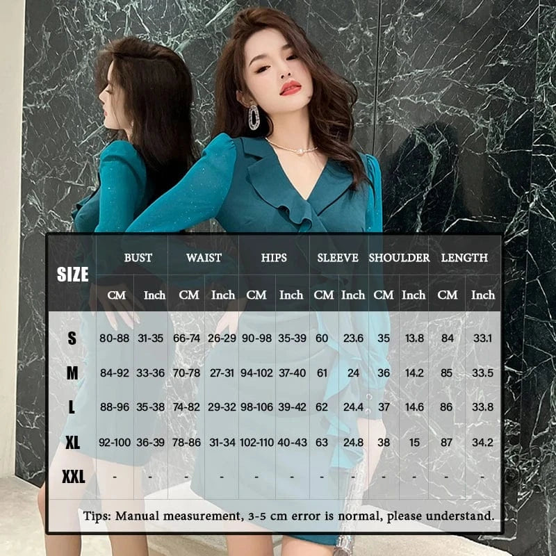 ZYHT 21027 In Stock Ruffled Gauze Long Sleeve Mini Dress Eco-Friendly V-Neck Design Office Ladies Green Dress