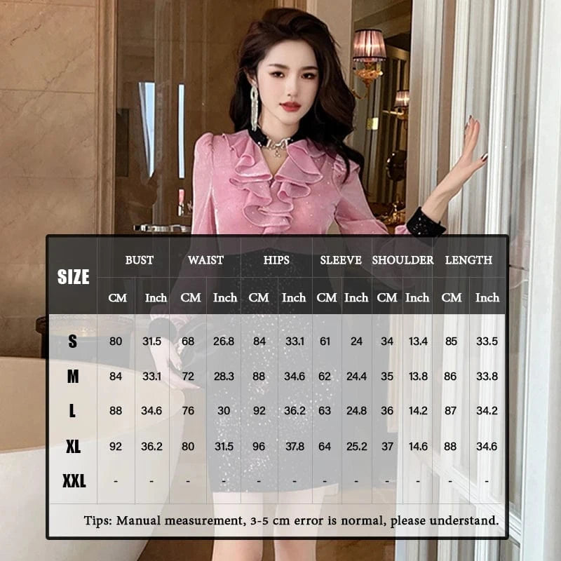 ZYHT 21032 French Flounce V-Neck Shiny Pink and Black Dress Cut-out Slim Fit Straight Dress with Diamonds