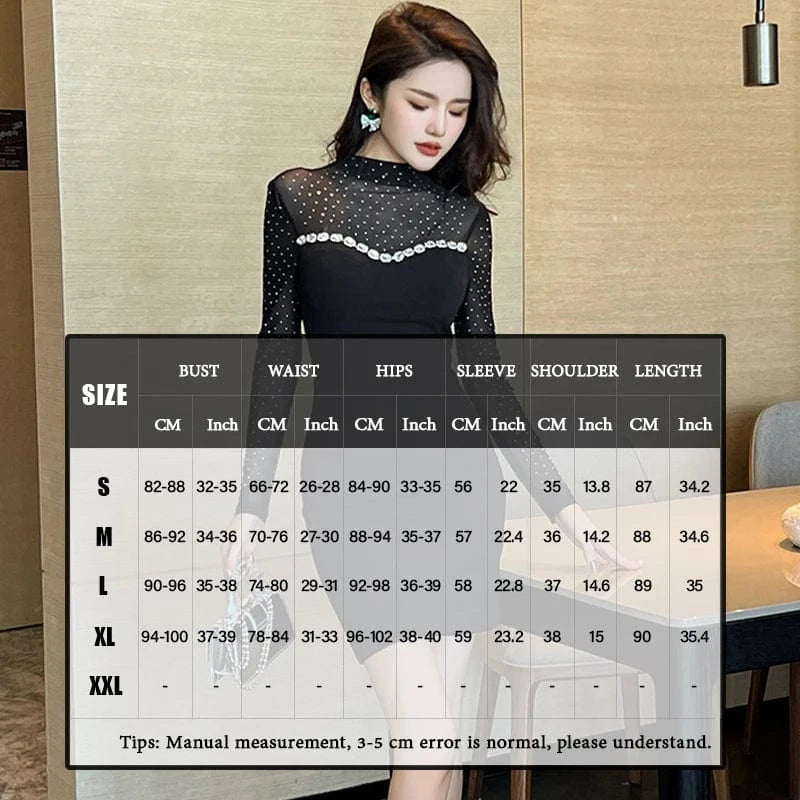 ZYHT 21038 Stand Collar Perspective Black Casual Polka Dot Women's Dress Rhinestone Decor Simple Short Dress