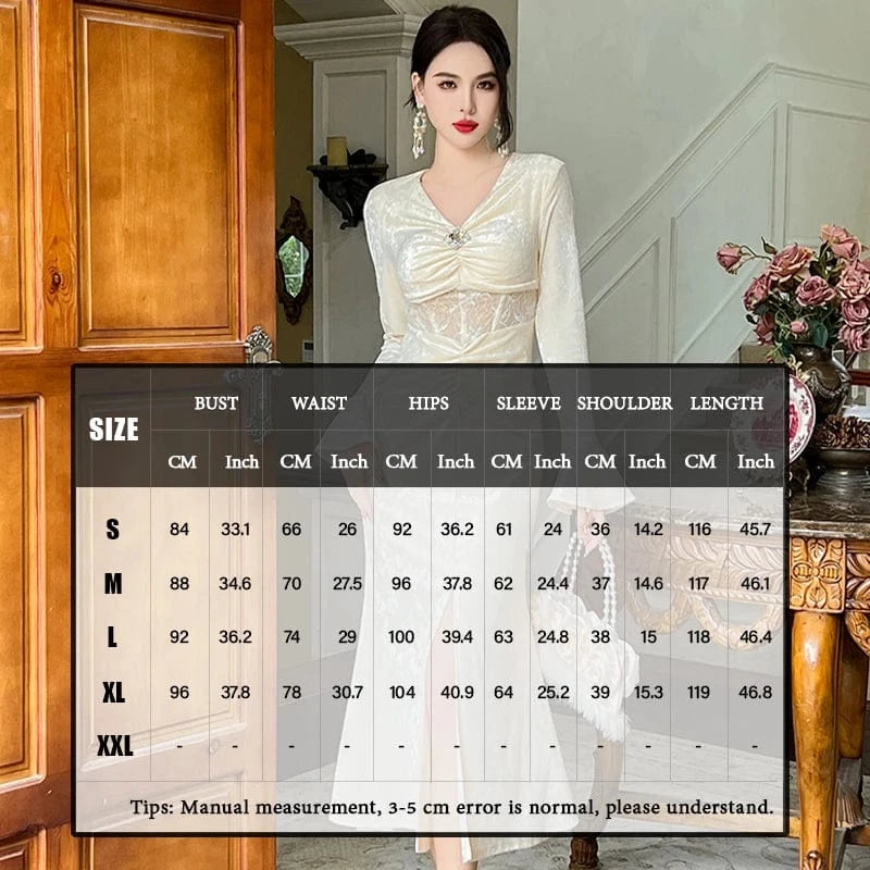 ZYHT 21062 Bell Sleeve Front Split Casual Big Swing Dresses Waist See-Through Lace Patchwork Velvet Slim Dress