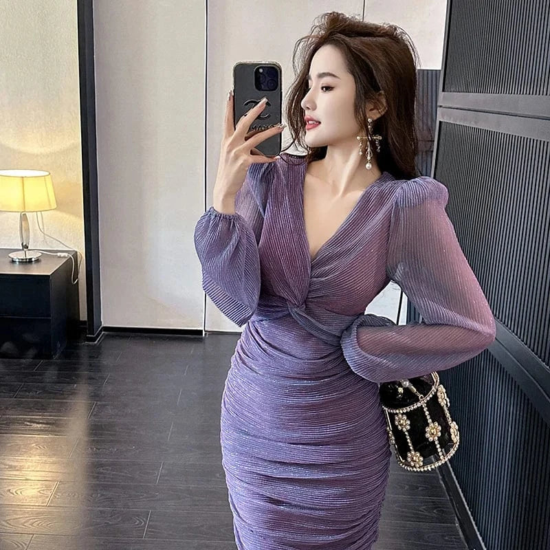 ZYHT 21080 Casual Wear Plus Size Puff Sleeve Ruched Mini Dress Deep V Neck Mesh Shiny Pencil Fold Prom Dress
