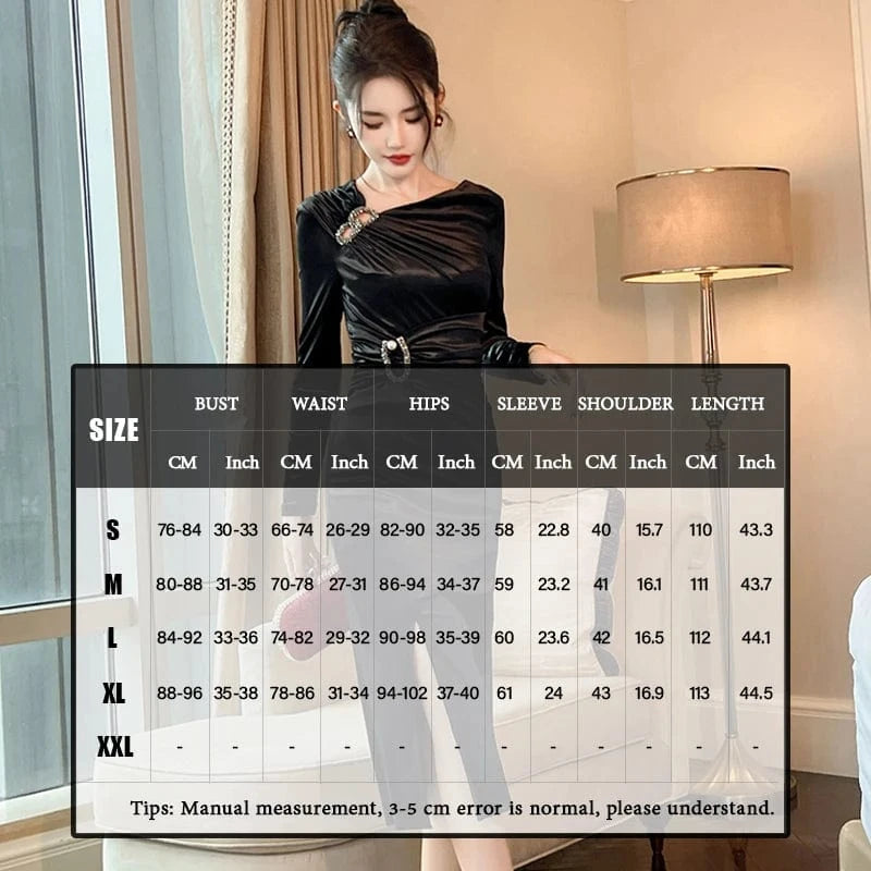 ZYHT 40245 Spring Women Sexy Hollow Out Split Long Dress Elegant Asymmetrical Pleated Black Velvet Party Dresses