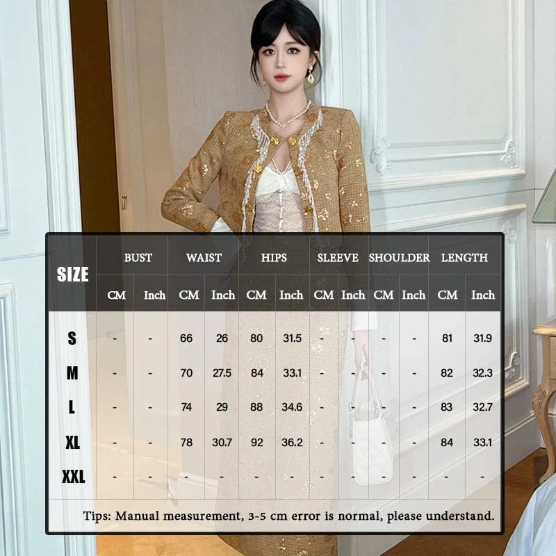 ZYHT 50531 Women's High Waist Gold Shiny Sequin Floral Pattern Wool Skirts Back Zipper Split Midi Pencil Skirt