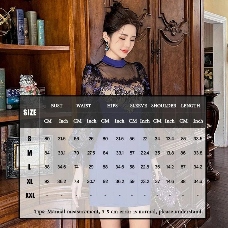 ZYHT 50570 2024 Spring Stand Collar Mesh Lace Splicing Dress Elegant Lantern Sleeve One-step Pencil Mini Dress