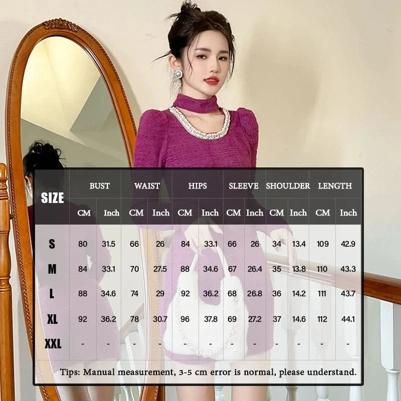 ZYHT 50692 2024 Spring Mock Neck Beading Cut-out Sexy Mini Dress Knitted Velvet Purple Casual Short Dresses