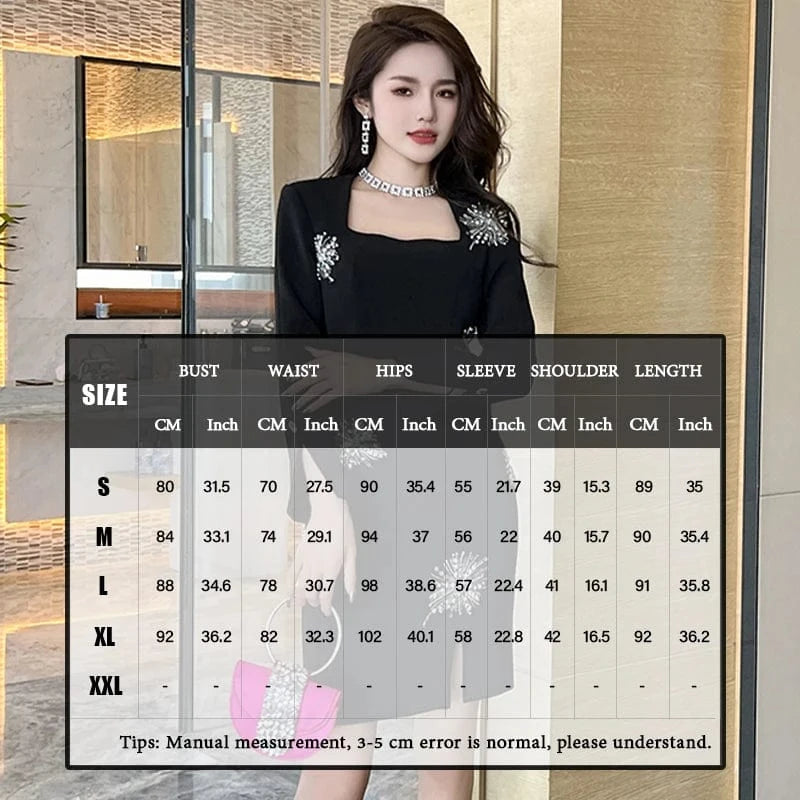 ZYHT 50705 Long Sleeve Casual Dress Spring and Autumn Black Floral Pattern Slit Dress with Pearl Sequins Waist Slimming Feature