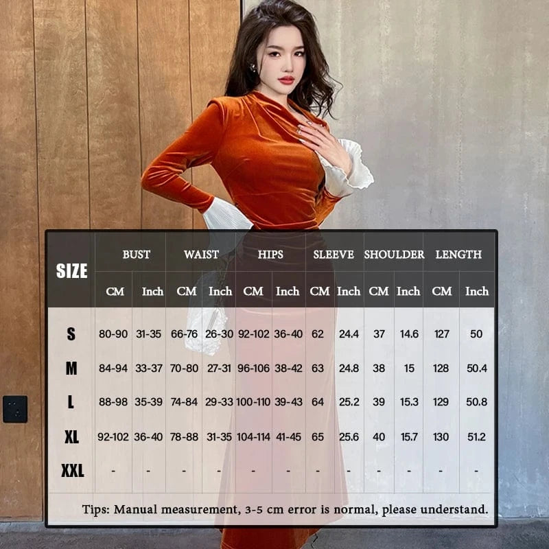 ZYHT 70199 Chiffon Bell Sleeve Slim Waist Pleated Flared Long Velvet Dress Asymmetrical Neck Orange Trumpet Dress