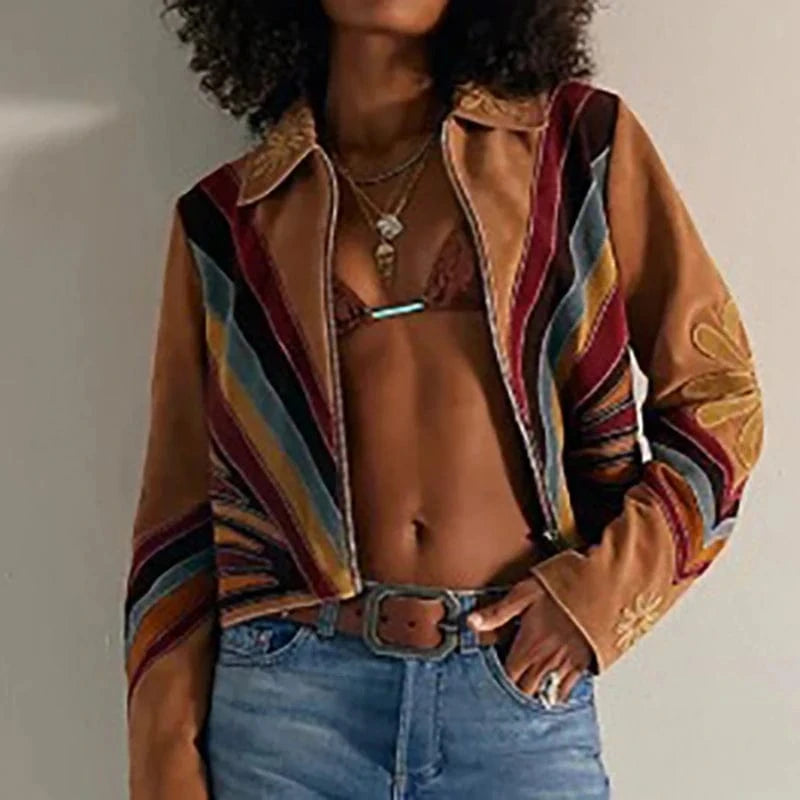 01 As Picture / XXXL Vintage Floral Print Women's Outerwear & Coats Autumn Turn-down Collar Zipper Top Jacket Winter Long Sleeve High Street Cardigan