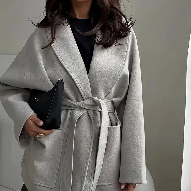 01 Gray / S 2025 Winter Casual Long Sleeve Grey Outercoat Women's Fashion Lace-Up Warm Woolen Jackets Autumn Fashion V-neck Thickened Coat
