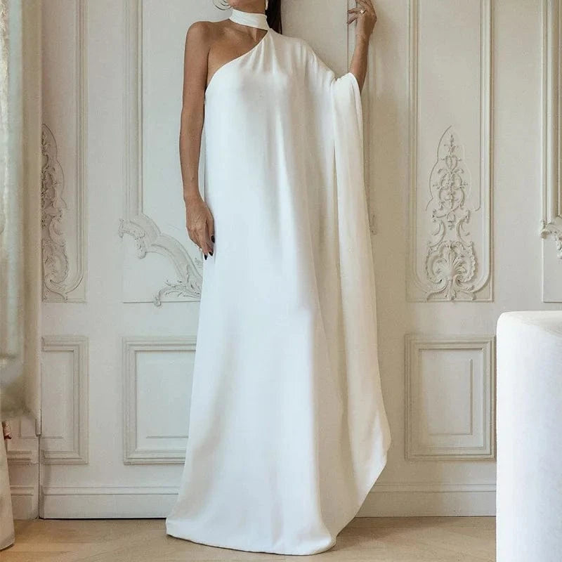 01 White / L Elegant Halter One-Shoulder Loose Party Dress Lady Solid Color  Temperament Banquet Maxi Dress 2023 Casual Women Fashion Vestido