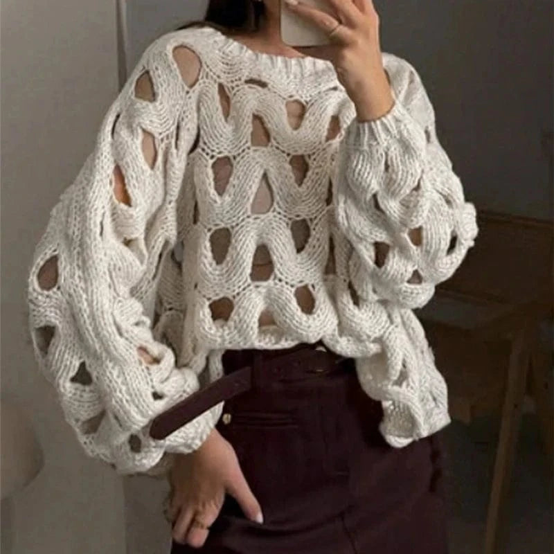 01 White / S Sexy Hollow Out Long Sleeved Knitted Sweater Summer Beach O-neck Crochet Pullover Casual Solid Color Women's Loose Top Blouses