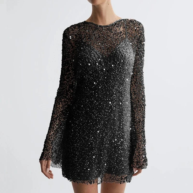 02 Black / XXL Women Elegant Splicing Solid Versatile Dress Chic O-Neck Sequins Hollow Dress Fashion Suspender Party Temperament Mini Dresses