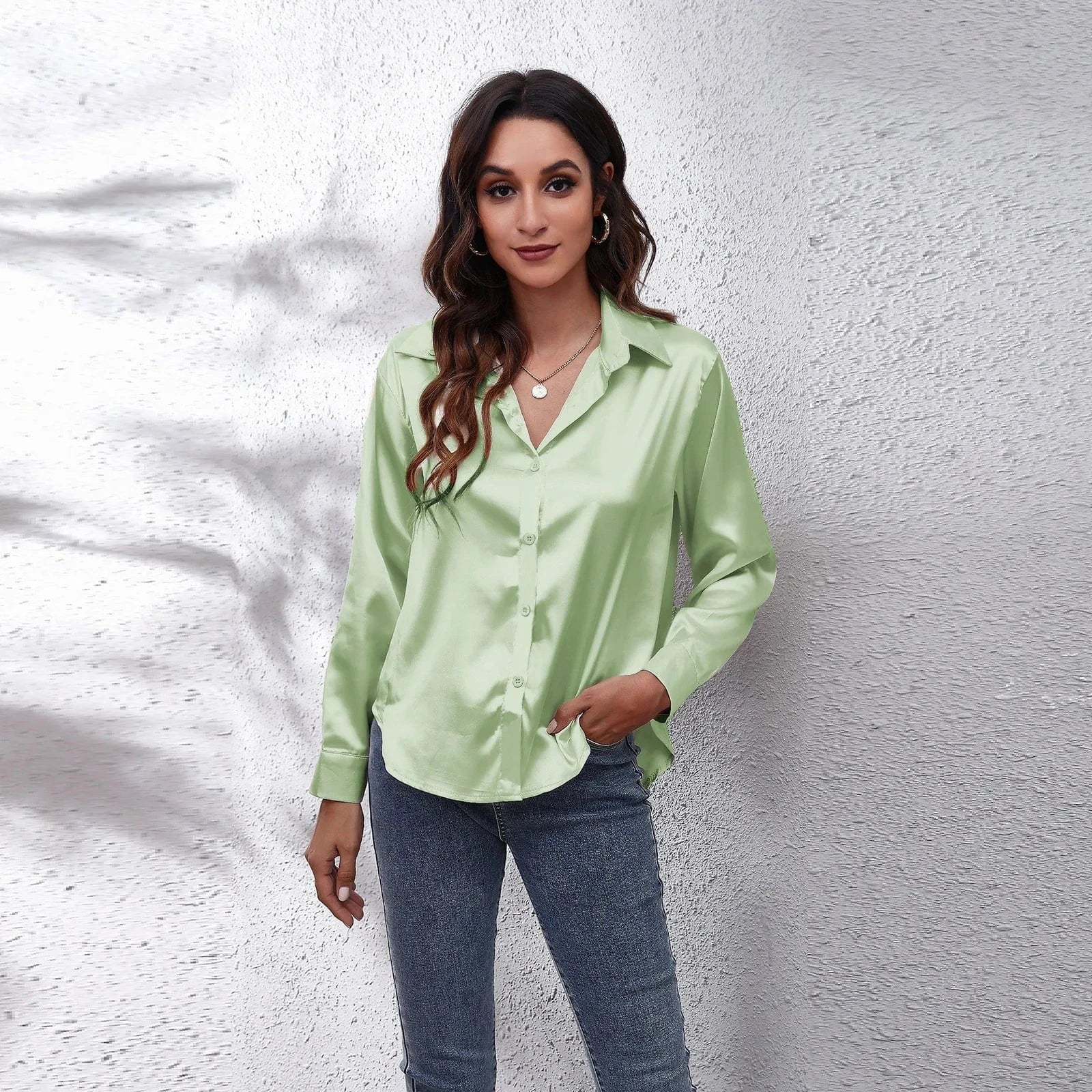 0212YT Women White Simulated Silk Shirt Tops Lady Long Sleeve Office Ladies Satin Blouse Blusas Women's Blouses & Shirts
