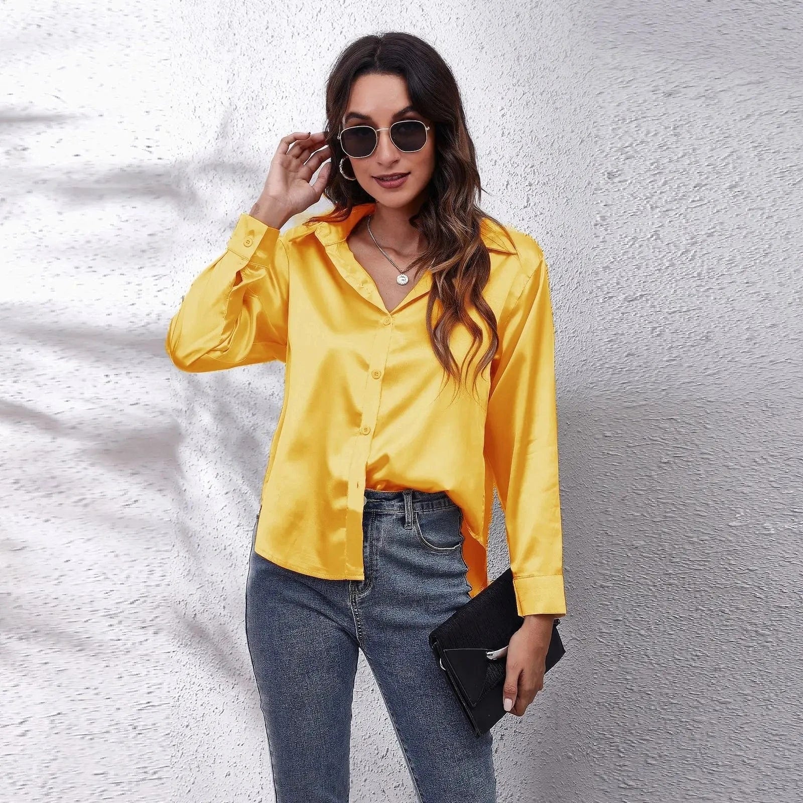 0212YT Women White Simulated Silk Shirt Tops Lady Long Sleeve Office Ladies Satin Blouse Blusas Women's Blouses & Shirts