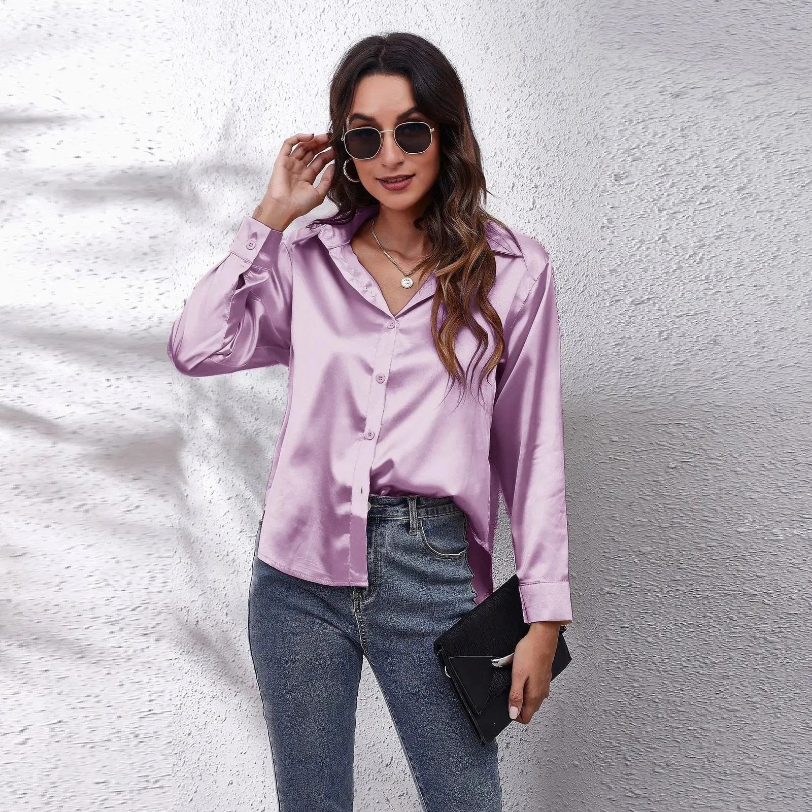 0212YT Women White Simulated Silk Shirt Tops Lady Long Sleeve Office Ladies Satin Blouse Blusas Women's Blouses & Shirts