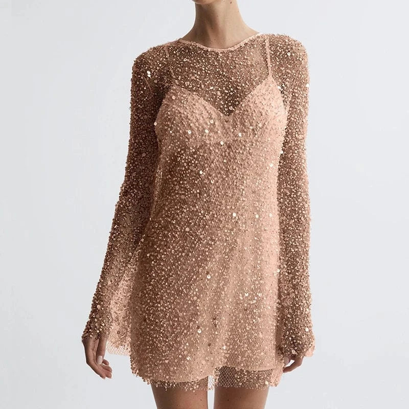 04 Almond / M Women Elegant Splicing Solid Versatile Dress Chic O-Neck Sequins Hollow Dress Fashion Suspender Party Temperament Mini Dresses