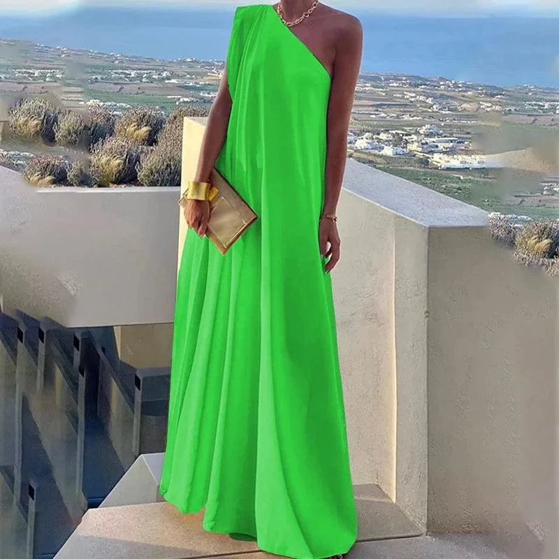 04 Green / L Elegant Halter One-Shoulder Loose Party Dress Lady Solid Color  Temperament Banquet Maxi Dress 2023 Casual Women Fashion Vestido