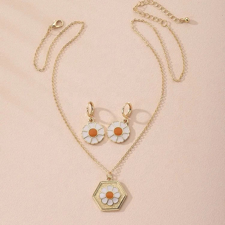 1 2024 Factory wholesale womens enamel flower design gold necklace earrings necklace jewelry set for woman