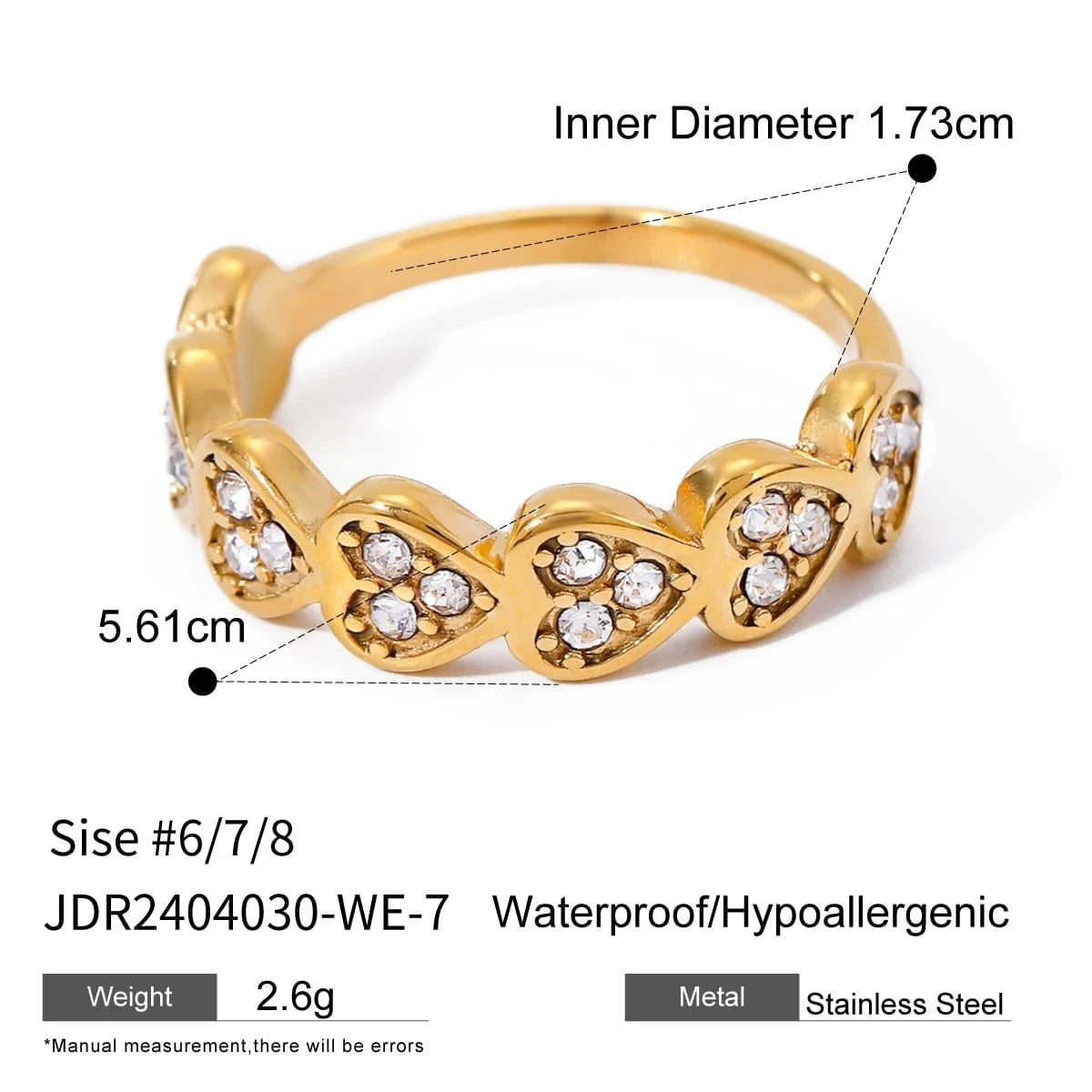 1.73cm / Trendy / R2616 R2616 J&D18K Gold Stainless Steel Love Crystal Heart Rings for Girls