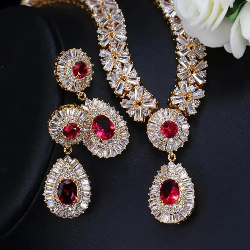 1 High Quality Ruby CZ Zircon Micro Inlay Bridal Wedding Jewellery Set Luxury Diamond 18K jewelry sets dubai 18k solid gol Gold Women Necklace Earings Set