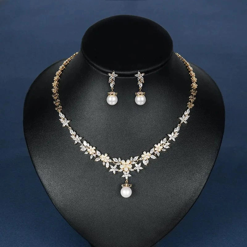 1 Hot selling wholesale wedding jewelry sets exquisite zircon flower pearl pendant necklace dangle drop earrings bridal party set