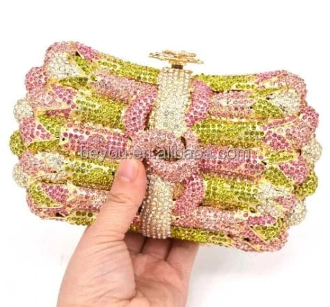1 New Fashion Designer Party Crystal Handbags Clutches Purse Pink Green Rhinestone Evening Bags for Women Handcraft