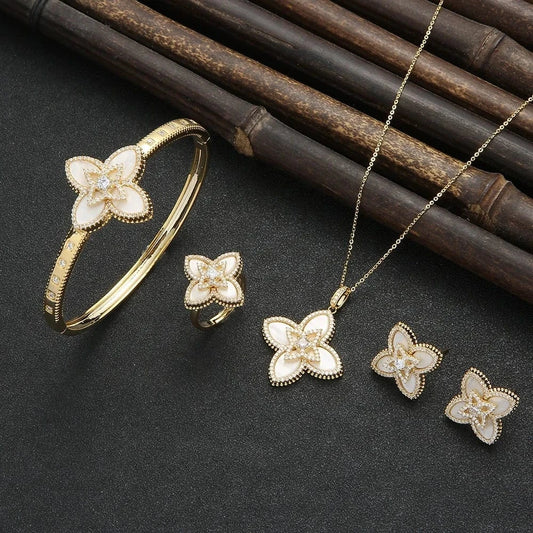 1 Plated Wedding Du Bai Jewelry Sets Four Leaf Clover Jewelry Gold Elegant Luxury and Trendy Women Flower TOPAZ Jewelry AAA Zircon