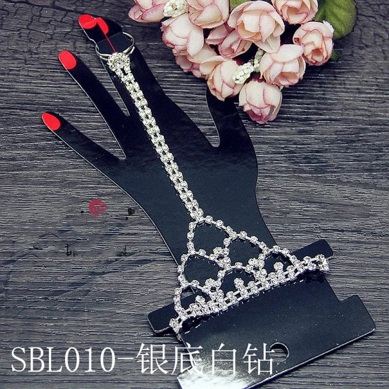 1 / White HOYON New Style Rhinestones Silver Bangle With Finger Ring Fashion Rhinestones Bangles Jewelry Wedding Bracelet