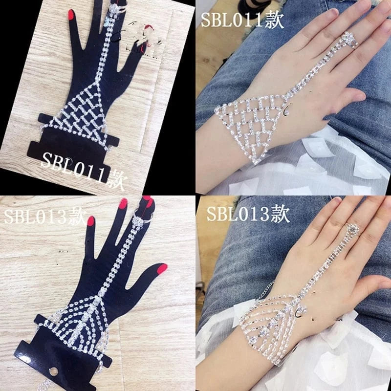 1 / White HOYON New Style Rhinestones Silver Bangle With Finger Ring Fashion Rhinestones Bangles Jewelry Wedding Bracelet