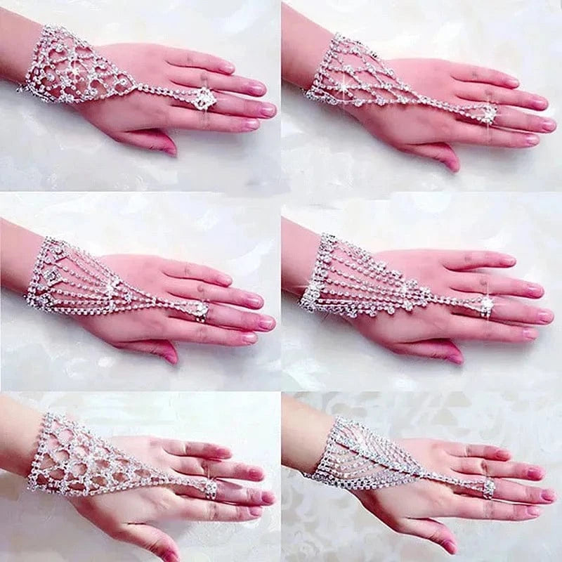 1 / White HOYON New Style Rhinestones Silver Bangle With Finger Ring Fashion Rhinestones Bangles Jewelry Wedding Bracelet