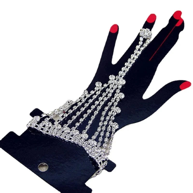 1 / White HOYON New Style Rhinestones Silver Bangle With Finger Ring Fashion Rhinestones Bangles Jewelry Wedding Bracelet