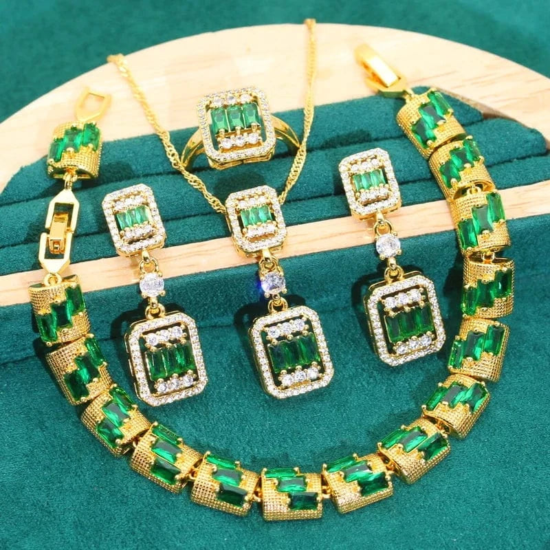 10 / 4PCS New Arrivals Gold Color Wedding Jewelry Sets for Women Green Zircon Bracelet Earrings Necklace Pendant Ring Halloween Gift