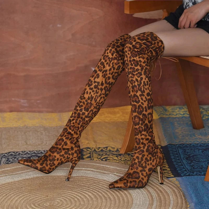 10.5 / leopard Women's shoes autumn high-heeled women's boots leopard print large size wrapped legs were thin elastic boots