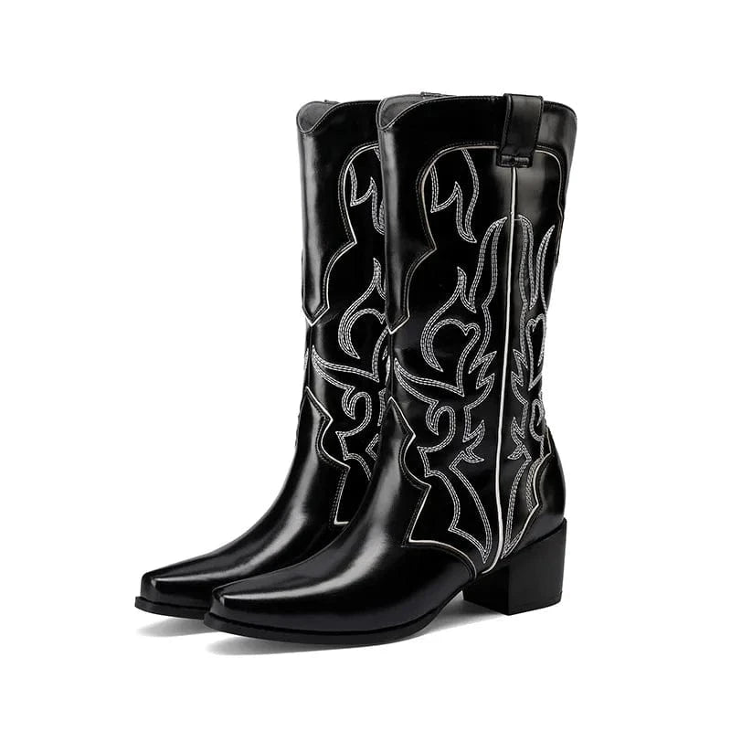 10 / Black BUSY GIRL XY4776 Red Knee High Boots For Women 5cm Low Heels Fashion Women's Shoes Custom Logo Embroidery Cowboy Boots
