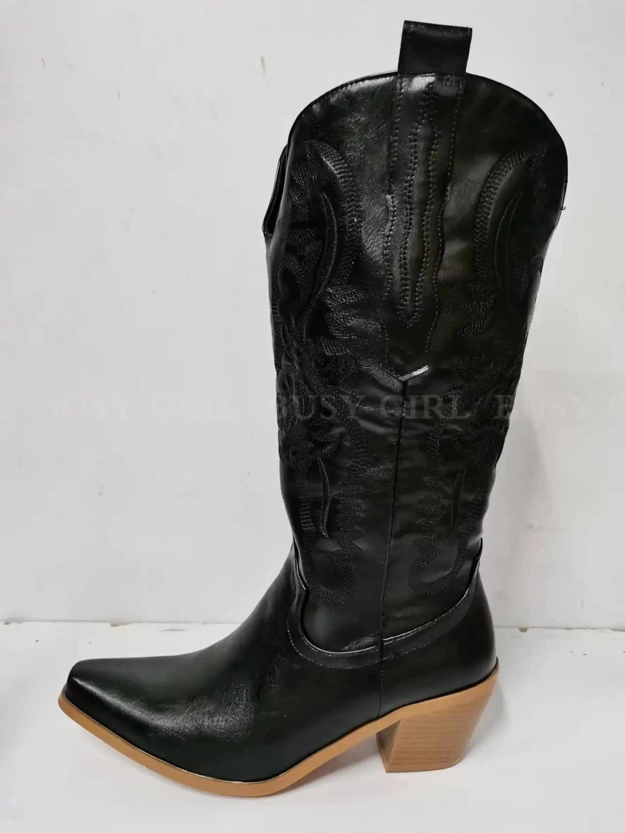 10 / Black BUSY GIRL XY4778 Knee High Boots Ladies Big Size Women Shoes Block Heels Fashion Embroidery Western Cowboy Boots For Women