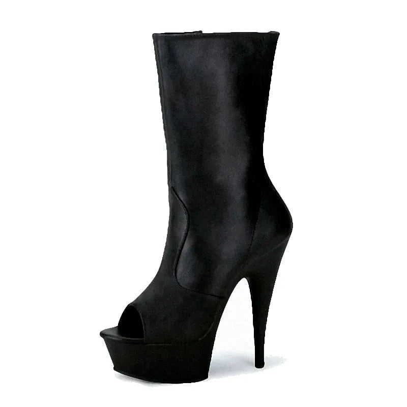 10 / Black matte Fish mouth thin heel thick bottom black 15 cm patent leather 6 inch high-heeled short boots queen walk show high-heeled shoes