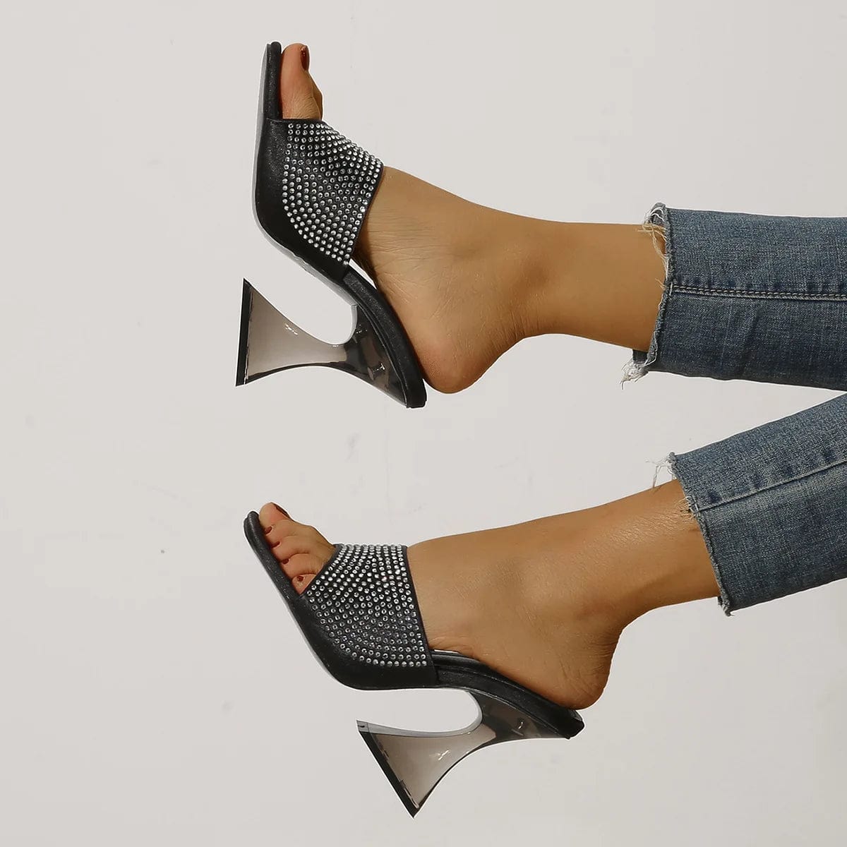 10 / Black New Sexy Transparent Thick Heel Rhinestone High Heel Sandals Open Toe Casual Wedding Party women's Sandals and Slippers