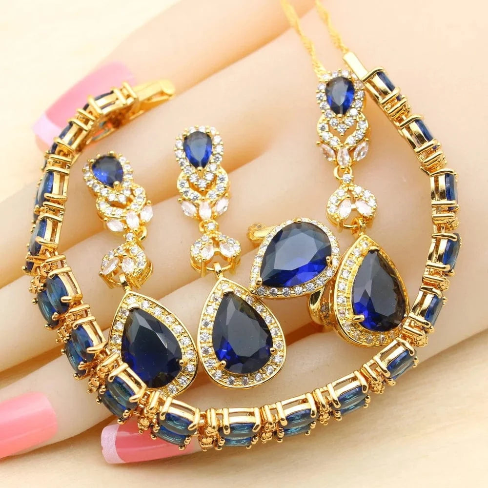 10 / Blue 4pcs 2023 New Gold Color Jewelry Sets For Women Wedding White Zircon Bracelet Earrings Necklace Pendant Ring Gift