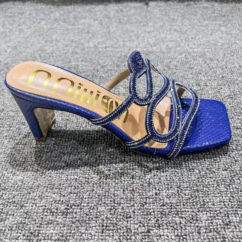 10 / Blue BUSY GIRL YF4114 Hot pink sliver gold rhinestone snake shaped decor women slippers high heels for ladies sandals women shoes