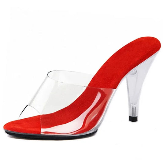 10 cm short heel transparent sandals, toe leakage non slip transparent high heels, fashionable summer large women's slippers