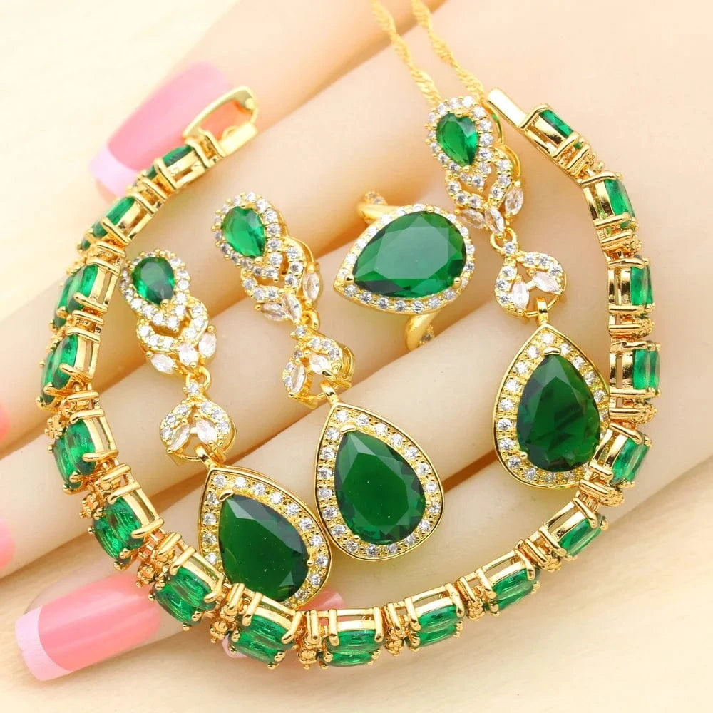 10 / Green 4pcs 2023 New Gold Color Jewelry Sets For Women Wedding White Zircon Bracelet Earrings Necklace Pendant Ring Gift