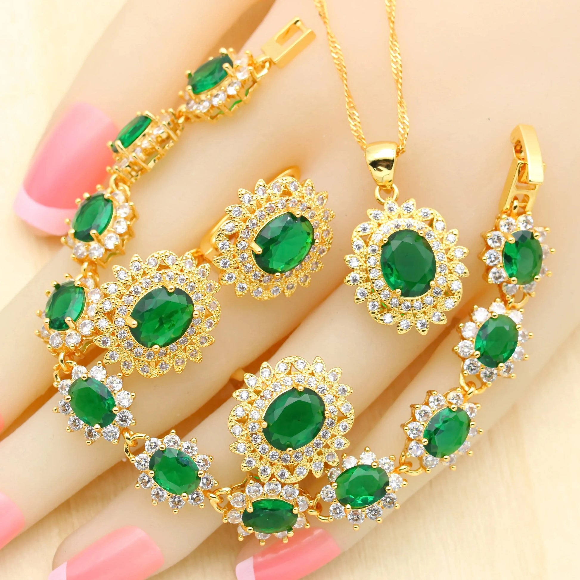 10 / Green 4pcs Luxury zircon jewelry 18k Gold Jewelry Sets for Women Earrings Necklace Pendant Ring Bracelet Wedding Gift