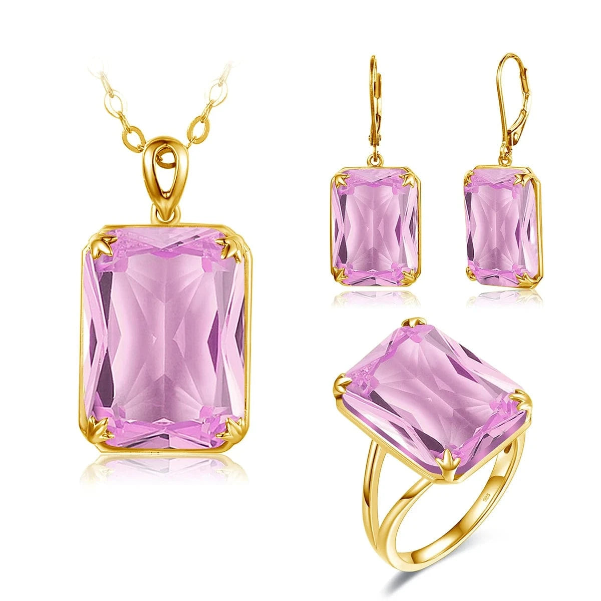 10 / Pink Crystal-F Szjinao Trendy Women Sparkling Purple Gemstone Necklace Pendant Earrings Ring Real 925 Silver Gold Plated  Amethyst Jewelry