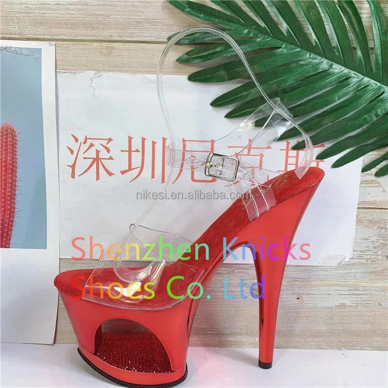 10 / Red 7inch-17cm Flat Sandals high heel flash water drill hollow out waterproof platform sexy nightclub platform steel Heeled Sandals