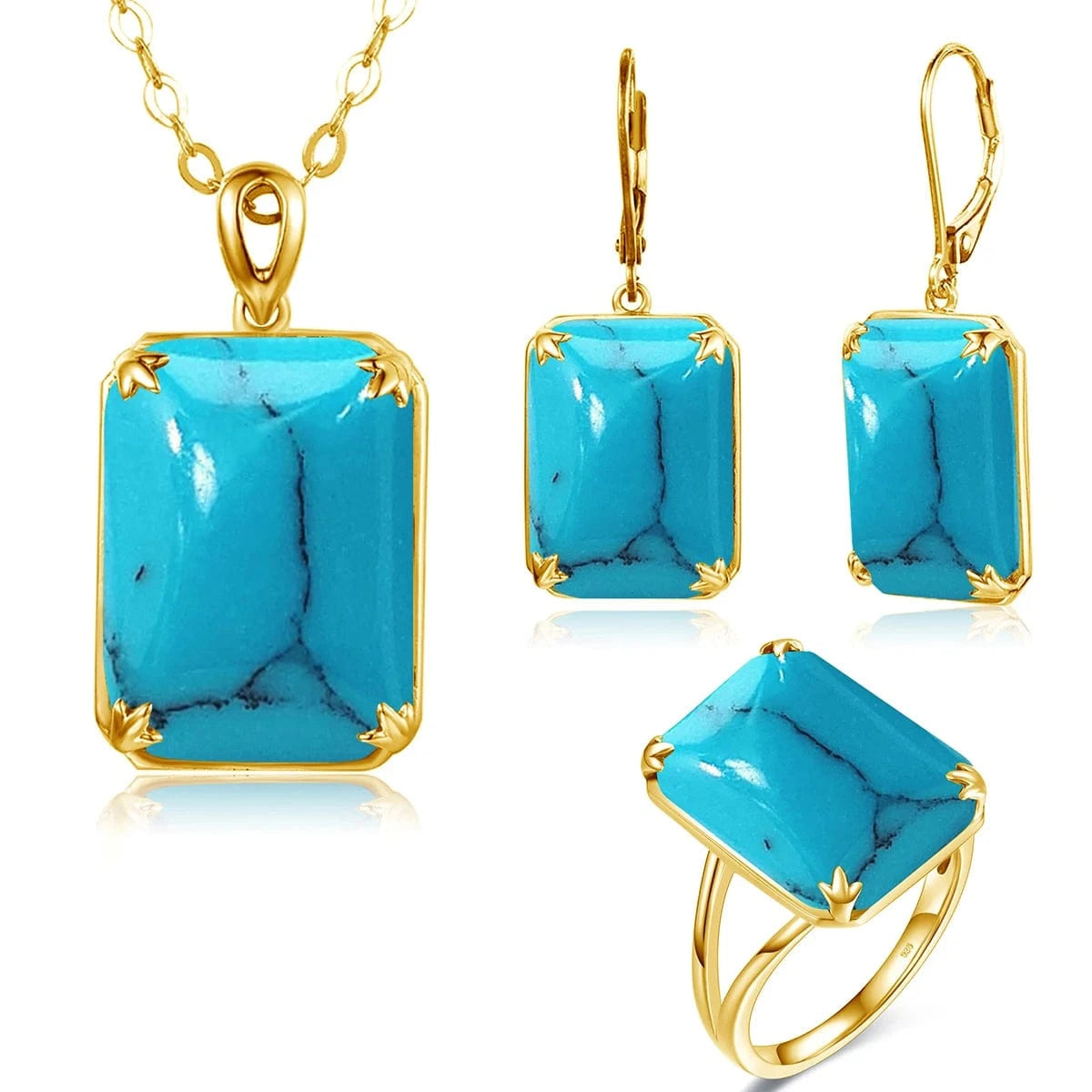 10 / Turquoise-LS Szjinao Trendy Women Sparkling Purple Gemstone Necklace Pendant Earrings Ring Real 925 Silver Gold Plated  Amethyst Jewelry