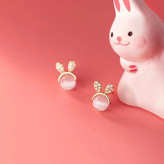 100% 925 Solid Real Sterling Silver Jewelry Fashion Cute  Animal Rabbit Ear Stud Earring Gift for Girl Teens Lady
