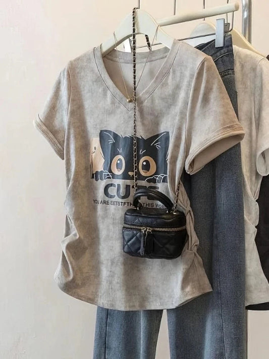 100% Cotton Washed Vintage Cat Print Short sleeve T shirt Women V neck Oversize Shirring Summer Top Lady Casual Tees