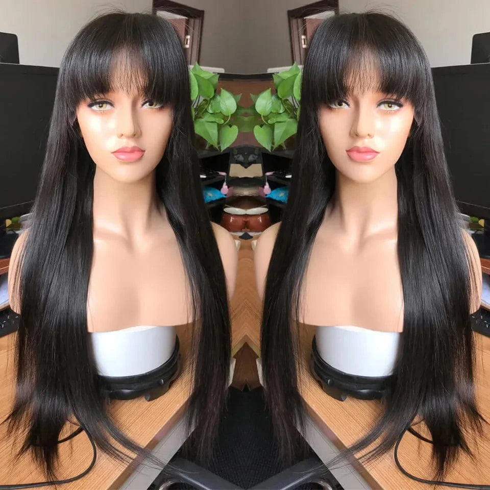 100% human virgin hair bang wig machine wig with fringe straight bob wig with bang